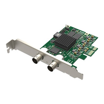 Green circuit board with a black chip and multiple electronic components, featuring two SDI input ports and a metal bracket for installation.