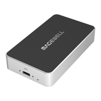 MAGEWELL Pro Convert IP to USB device with a sleek black and silver design, featuring a USB-C port and LED indicator on one side.