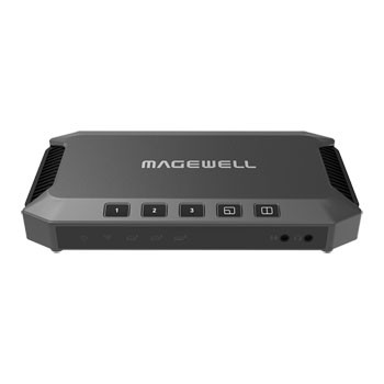 Compact black USB device with a sleek design, featuring five control buttons and various input/output ports, labeled with the MAGEWELL logo prominently displayed on the top.