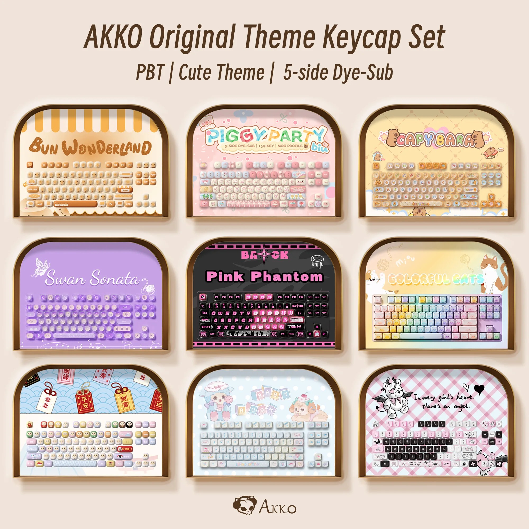 Colorful PBT keycap set featuring cute themes with designs like "Bun Wonderland" and "Piggy Party," showcasing a variety of pastel colors and playful graphics in ANSI/ISO layout.