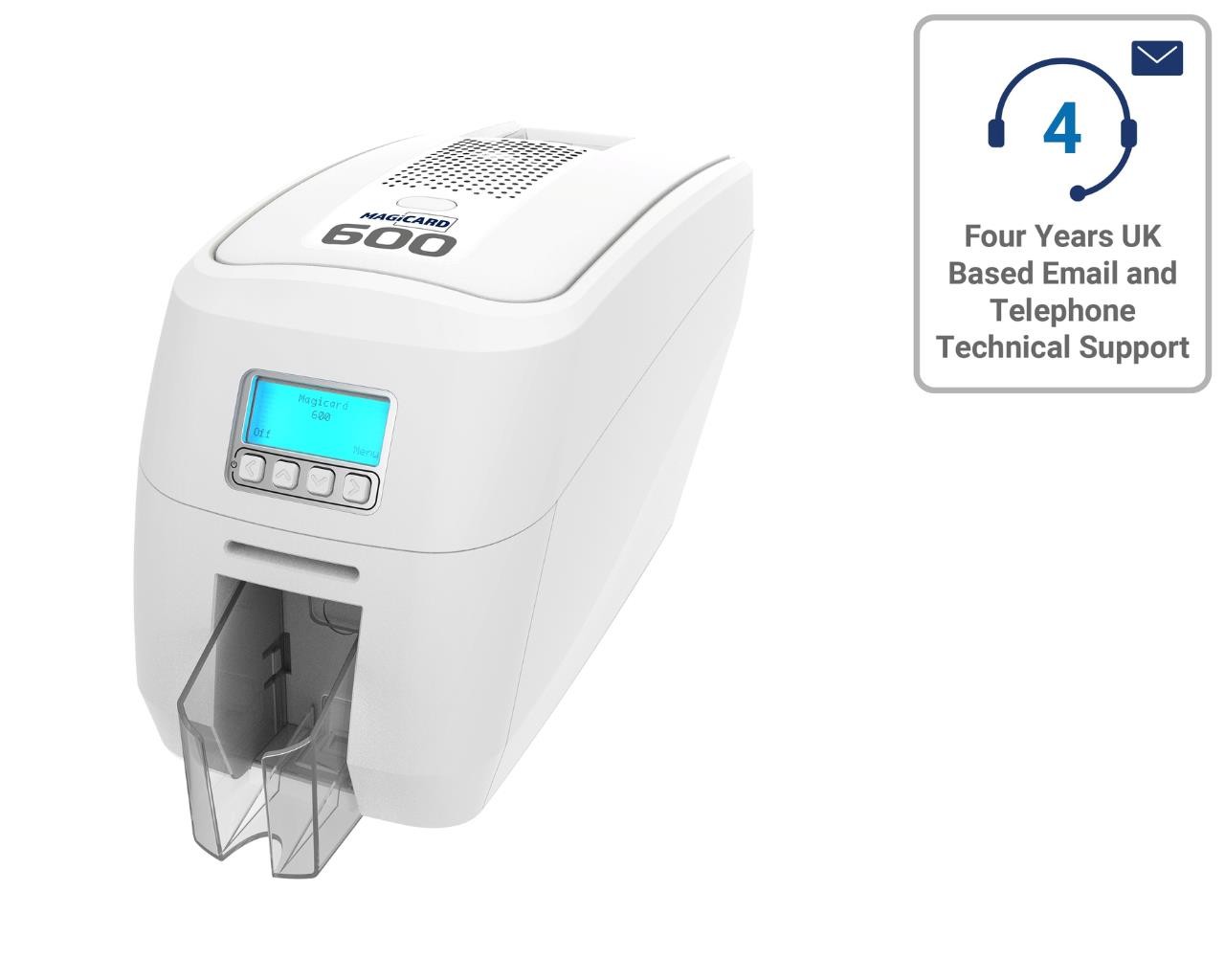 MAGICARD 600 DUO ID Card Printer in white, featuring a front display, dual-sided printing capability, and a transparent card output tray, with a support badge indicating four years of assistance.