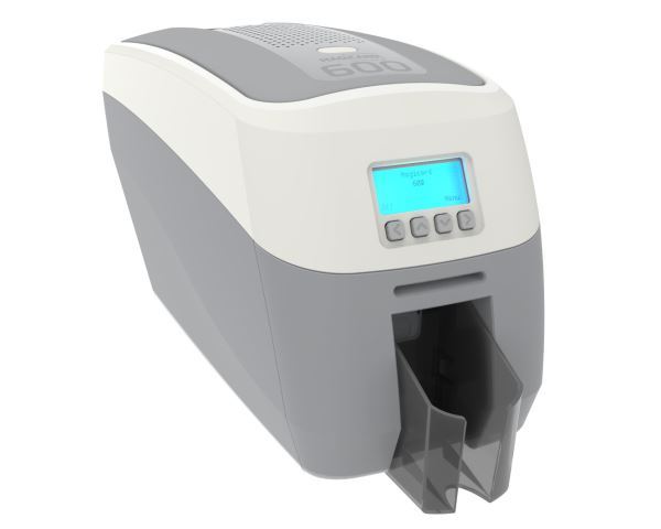 MAGICARD 600 Duo ID Card Printer in gray and white, featuring a front output tray, digital display, and buttons for easy operation, designed for dual-sided printing and smart card encoding.
