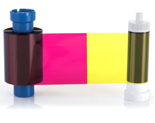 BRADY 250 Sho Colour Film by MAGICARD features vibrant magenta, yellow, and black panels on spools, designed for high-quality printing.