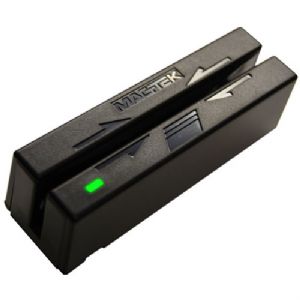 Black MagTek Mini Swipe Magnetic Strip Reader with a sleek design, featuring a green LED indicator and dual card slots for easy card swiping.
