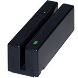 Compact black MagTek Mini Swipe Reader with a USB interface, featuring a card slot and a small green indicator light for operation status.