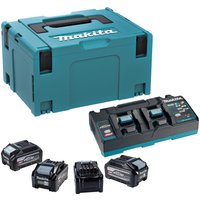 Makita 40v Max XGT kit with four black BL4040F batteries, a teal carrying case, and a black 110v twin charger.