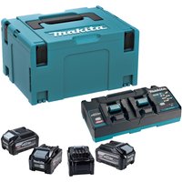 Makita 40v Max XGT kit with teal case, four black BL4040F batteries, and black twin charger.