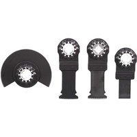 Makita 4 Piece Starlock multitool blades set, black oscillating blades with circular and rectangular designs.
