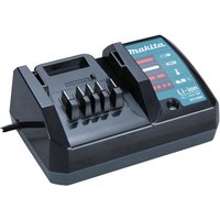 Makita cordless tool battery charger, black with teal accents, LED indicators, and Li-ion compatibility.