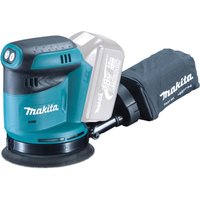 Blue Makita 18V random orbital sander with black grip, dust bag, and visible battery compartment.