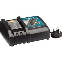 Makita DC18RC charger with black casing, blue label, LED indicators, and UK plug for 14.4V/18V Li-ion batteries.