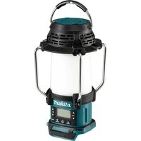 Makita DMR055 18v LXT cordless radio and work light lantern with teal accents, metal handle, and digital display.