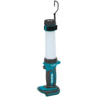 Makita flashlight in black, blue, and white with a cylindrical LED light and hook on top.