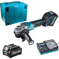 Makita cordless angle grinder with brushless motor, 115mm disc, teal accents, and 40v battery pack.