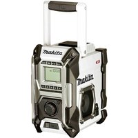 Makita MR001G Job Site Radio with rugged black and white design, digital display, and protective metal frame.