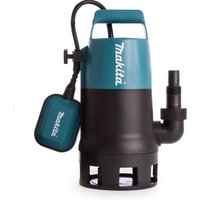 Blue and black Makita submersible water pump with float switch and side discharge outlet.