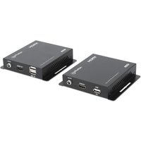 Black Manhattan 1080p HDMI KVM over IP Extender Kit with USB ports and ventilation slots on rectangular units.