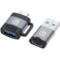 Black and silver Manhattan USB-C to USB-A and USB-A to USB-C adapters with logo, compact design, SuperSpeed USB.