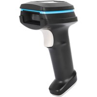 Black Manhattan 2D barcode scanner with blue trim, USB connection, ergonomic handle, 450mm scan depth.