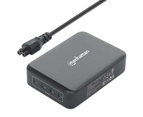 Black Manhattan 4-Port GaN USB Power Delivery Charging Station with a matte finish, featuring four USB ports and a power cable attached.