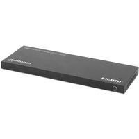 Black Manhattan 8-port HDMI splitter, slim rectangular design, with white branding and HDMI label on top.