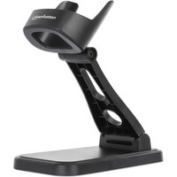 Black Manhattan adjustable barcode scanner stand with curved holder, height and angle adjustments, sturdy base.