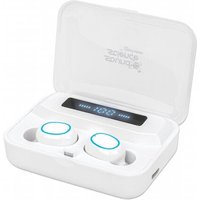 White Manhattan Bluetooth earphones with charging case, integrated controls, and USB-A port, featuring a digital display.