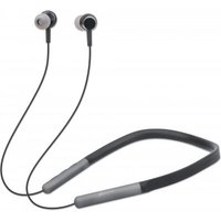 Black and silver Manhattan Bluetooth in-ear headset with neckband and integrated microphone.