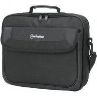 Black Manhattan Cambridge laptop bag, clamshell design, front pocket, back document compartment, removable shoulder strap.
