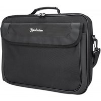 Black Manhattan laptop bag, clamshell design, front pocket, document compartment, removable shoulder strap.