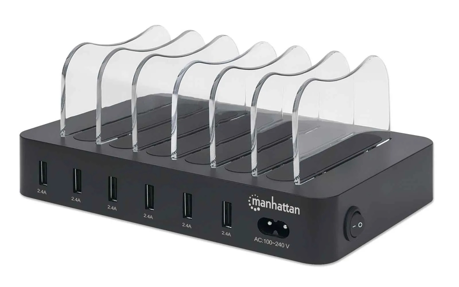 Black Manhattan Charging Station with six USB-A ports, each outputting 2.4A, featuring a clear plastic divider for organized device charging and a power switch.