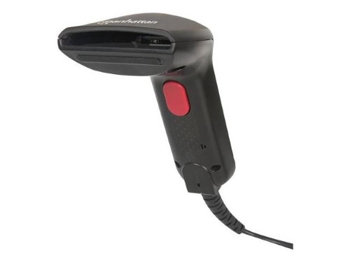 Black Manhattan 178488 Contact CCD Barcode Scanner with a red trigger button, featuring a sleek design and a coiled cable for connectivity.