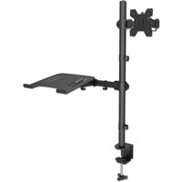 Black Manhattan desk mount with adjustable arms for monitor and laptop, featuring a sturdy clamp base.