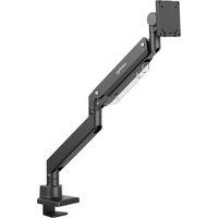 Black Manhattan desk mount with full motion gas spring arm, C-clamp base, and VESA plate for 13" to 42" screens.