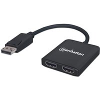 Black Manhattan DisplayPort to 2-Port HDMI Splitter Hub with USB-A power cable, dual HDMI ports, and logo on top.