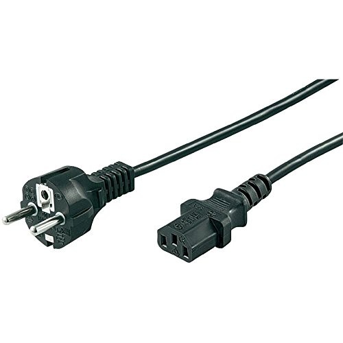 Black power cable featuring a C13 connector on one end and a CEE 7/7 plug on the other, measuring 1 meter in length, designed for European electrical devices.