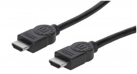 Black Manhattan HDMI cable, 2 meters long, featuring robust connectors on both ends, designed for 4K@30Hz resolution, compatible with all 1080p/HD devices.