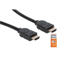 Black Manhattan HDMI cable, 1.8m, male to male connectors, supports 4K@60Hz, Ethernet, premium high speed, lifetime warranty.