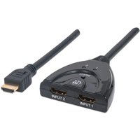 Black Manhattan HDMI switch with two input ports, manual button, and integrated 50cm cable, compact design.
