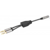 Black and silver Manhattan headset adapter cable with 3.5mm Y-splitter, gold-plated contacts, 15cm length, dual male plugs.