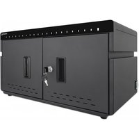 Black Manhattan 20-bay charging cabinet with dual lockable doors and USB-C ports for iPads up to 11 inches.