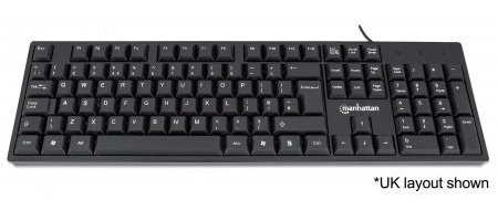Black USB wired keyboard with a standard UK QWERTY layout, featuring a sleek design and full-size keys for comfortable typing.