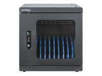 Black metal laptop charging cabinet with a transparent front, featuring 10 bays for devices, a power switch, and an AC adapter input for EU compatibility.