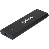 Black aluminum Manhattan M.2 NVMe SSD enclosure with USB-C port, angular edges, and logo on top.