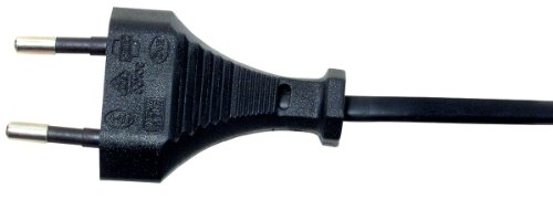 Black Euro 2-pin power cord with a CEE 7/16 plug, featuring a durable plastic connector and a flexible cable, designed for reliable electrical connections.