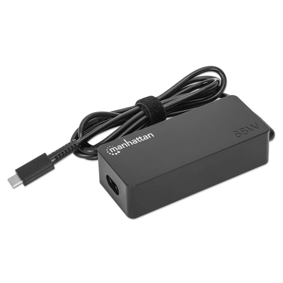 Black Manhattan Mains USB-C Laptop Charger with a 65W output, featuring a Type-C connector and a flexible cord secured with a Velcro strap.