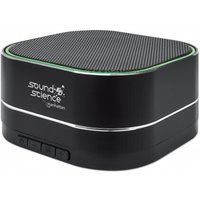 Black Manhattan Bluetooth speaker with metallic finish, square design, integrated controls, and microSD slot.