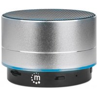 Silver Manhattan Bluetooth speaker, splashproof, with microSD slot, Aux 3.5mm port, USB-A charging, and black base.