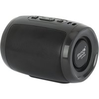 Black cylindrical Manhattan Mini Boombox Bluetooth speaker with integrated controls and side speaker grille.