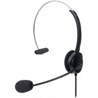 Black Manhattan Mono On-Ear USB headset with padded microphone boom, adjustable headband, and in-line volume control.